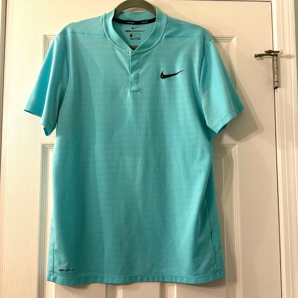 Nike Golf Shirt Mens L AeroReact Short Sleeve Snap Button Stretch Blue